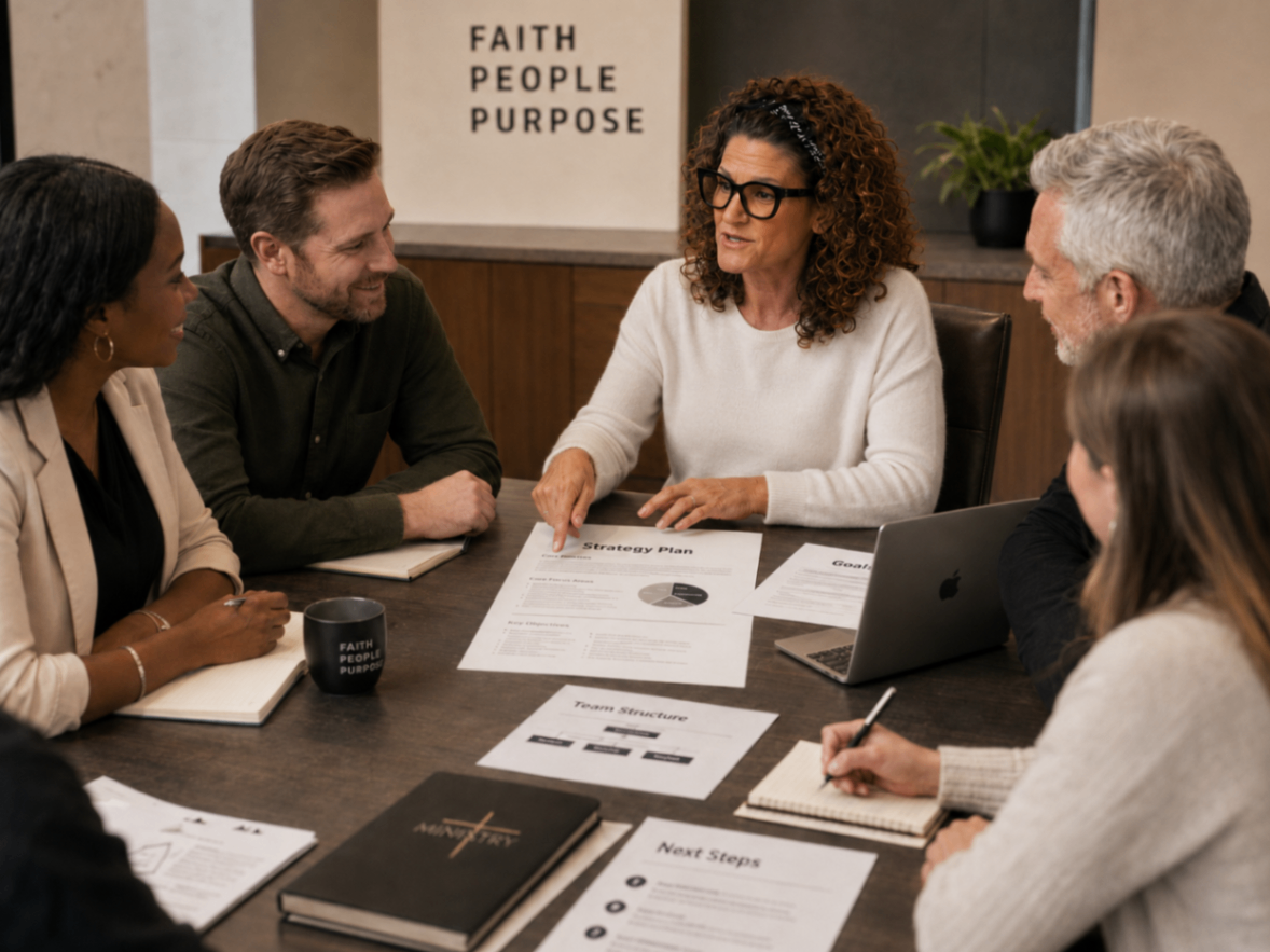 Ministry team reviewing strategy plan together